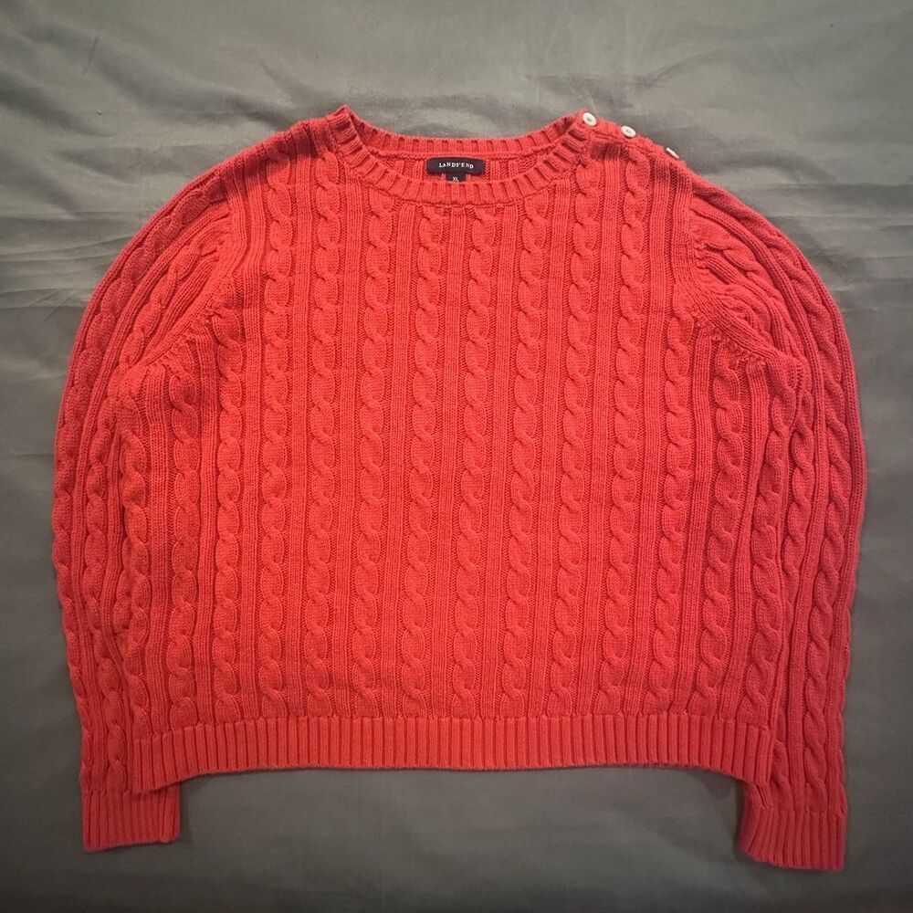 Lands End Cable Knit Sweater Cherry Red Womens XL Crewneck Shoulder Button